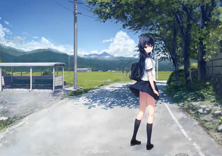 black_eyes black_hair clouds coffee-kizoku kneehighs long_hair original scenic seifuku shiramine_rika skirt sky