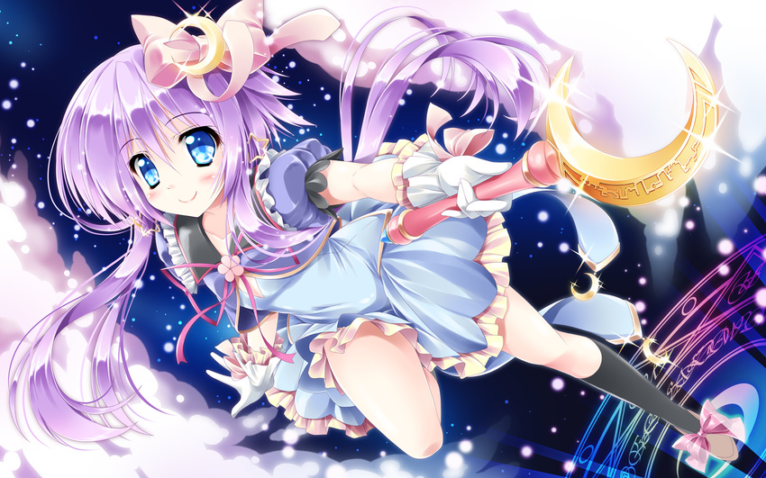 alternate_costume baton blue_dress blue_eyes bow commentary_request crescent crescent_hair_ornament dress gloves hair_bow hair_ornament highres kamiya_tomoe kantai_collection long_hair magic_circle magical_girl puffy_short_sleeves puffy_sleeves purple_eyes short_sleeves smile solo very_long_hair white_gloves yayoi_(kantai_collection)