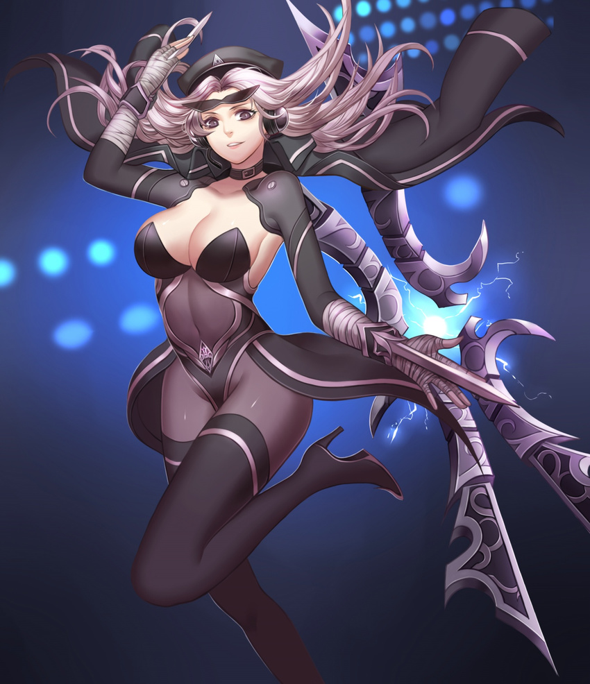 bandages black_legwear blade boots breasts brown_eyes citemer cleavage hat high_heels highres irelia large_breasts league_of_legends long_hair long_legs looking_at_viewer navel pantyhose silver_hair smile solo sunglasses thigh_boots thighhighs