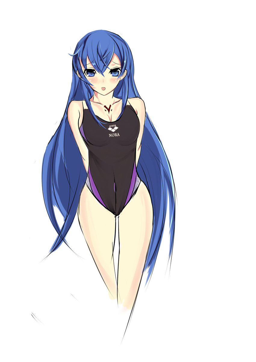 1girl akame_ga_kill! alternate_costume aqua_hair blue_eyes blue_hair blush breasts character_reques cleavage competition_swimsuit esdeath esdese highres long_hair looking_at_viewer medium_breasts one-piece_swimsuit solo standing swimsuit tattoo thighs very_long_hair white_background