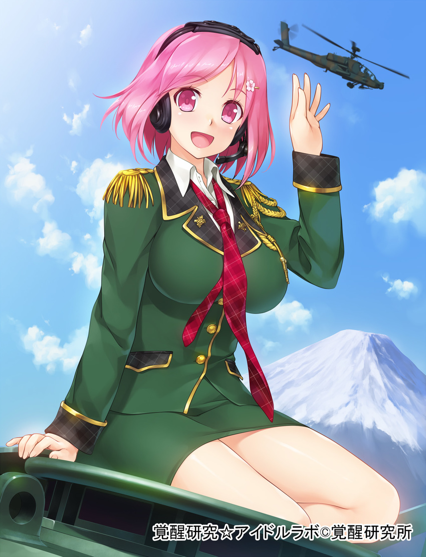 :d aircraft blue_sky cloud collared_shirt day epaulettes green_jacket ground_vehicle headset helicopter highres jacket kakusei_kenkyuu_idol_lab long_sleeves looking_at_viewer military military_vehicle motor_vehicle mountain necktie open_mouth pink_eyes pink_hair propeller red_neckwear shirt sky sleeve_cuffs sleeves_folded_up smile solo tank tareme type_10_(tank) uniform volcano wacchi waving white_shirt