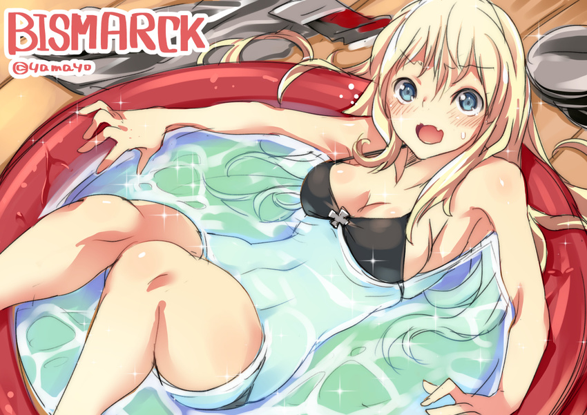 alternate_costume bikini bismarck_(kantai_collection) black_bikini blonde_hair blue_eyes blush breasts character_name hat hat_removed headwear_removed iron_cross jpeg_artifacts kantai_collection long_hair looking_at_viewer medium_breasts open_mouth partially_submerged solo super_zombie sweatdrop swimsuit twitter_username wading_pool water