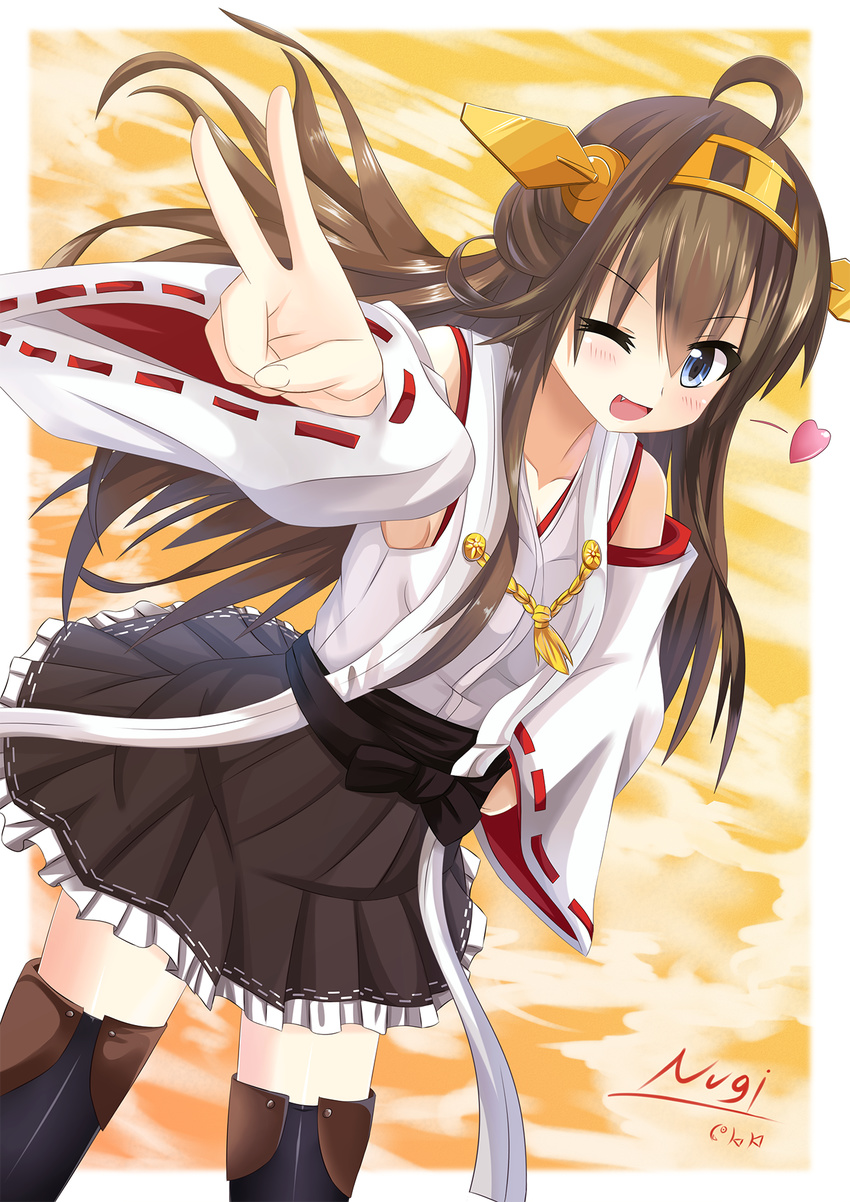 :d ;d ahoge artist_name bare_shoulders black_skirt blue_eyes blush brown_hair cowboy_shot detached_sleeves double_bun dutch_angle fang frilled_skirt frills hairband hand_on_hip headgear highres japanese_clothes kantai_collection kongou_(kantai_collection) lace lace-trimmed_thighhighs long_hair looking_at_viewer nontraditional_miko nugi_(armenci) one_eye_closed open_mouth outstretched_hand pleated_skirt ribbon ribbon-trimmed_sleeves ribbon_trim skirt smile solo thighhighs v v-shaped_eyebrows zettai_ryouiki