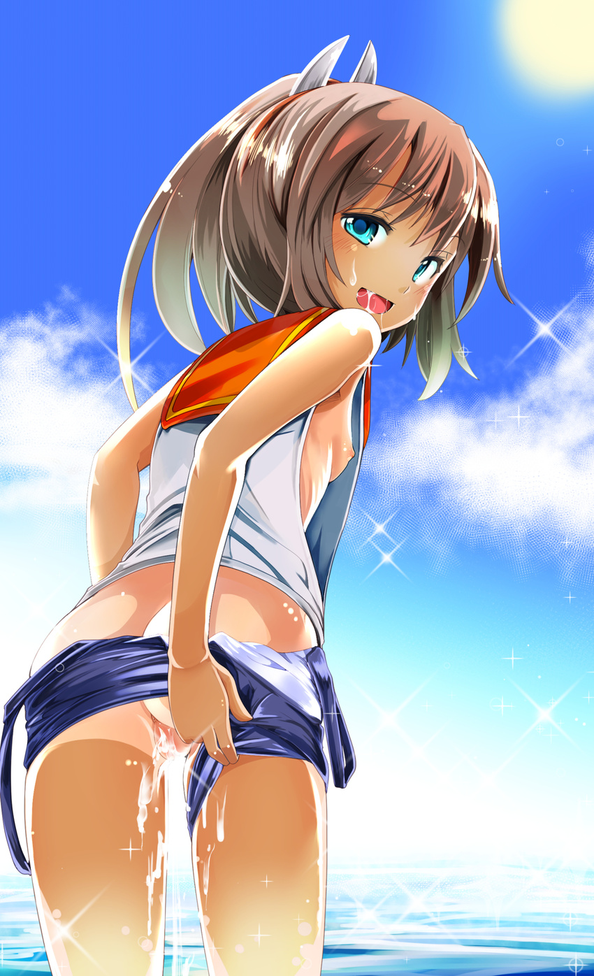 after_sex anus ass bare_shoulders blue_eyes blush breasts brown_hair cloud cum cum_in_pussy day hair_ornament highres i-401_(kantai_collection) kantai_collection looking_at_viewer looking_back nipples one-piece_swimsuit open_mouth ponytail sailor_collar saliva school_swimsuit school_uniform short_hair short_ponytail sky small_breasts smile solo sparkle swimsuit swimsuit_aside swimsuit_under_clothes takara_akihito tan water