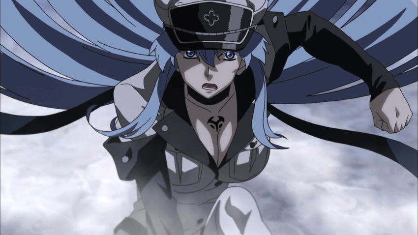 1girl akame_ga_kill! aqua_eyes aqua_hair blue_eyes blue_hair blush breasts choker esdeath esdese general general(shogun) hat highres large_breasts long_hair military military_uniform peaked_cap solo tattoo