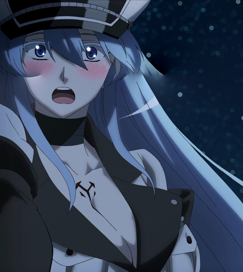 1girl akame_ga_kill! blue_eyes blue_hair blush breasts colored_eyelashes esdeath esdese hat highres large_breasts long_hair open_mouth square_enix standing stitched surprised tattoo uniform