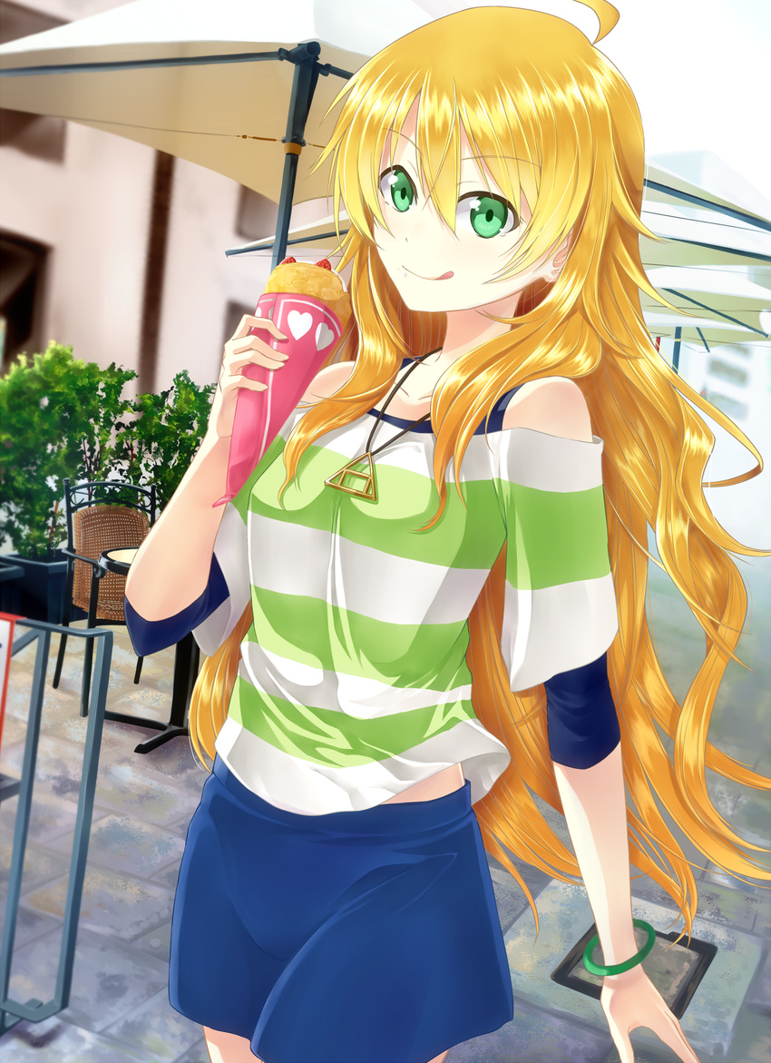 :p ahoge blonde_hair bracelet crepe food fruit green_eyes heart heart_print highres hoshii_miki idolmaster idolmaster_(classic) jewelry judo_fuu long_hair looking_at_viewer necklace onigiri solo strawberry tongue tongue_out very_long_hair