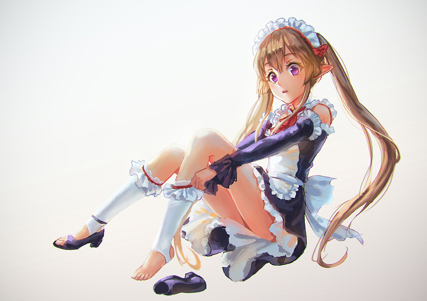adjusting_clothes adjusting_legwear apron barefoot brown_hair choker detached_sleeves dress elf frilled_dress frilled_legwear frilled_sleeves frills full_body high_heels leg_warmers long_hair looking_at_viewer maid maid_headdress myucel_foalan open_mouth open_toe_shoes outbreak_company pointy_ears purple_eyes rakuhei red_ribbon ribbon sandals shoes simple_background single_shoe sitting smile solo toeless_legwear twintails very_long_hair waist_apron white_background white_legwear