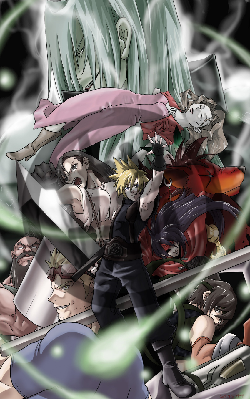 3girls 5boys aerith_gainsborough barret_wallace black_eyes black_hair blonde_hair blue_eyes bread brown_hair cape cid_highwind cloud_strife eyes_closed facial_hair final_fantasy final_fantasy_vii fingerless_gloves food gloves goggles goggles_on_head grey_hair grin long_hair looking_at_viewer multiple_boys multiple_girls red_xiii smile suspenders tifa_lockhart vincent_valentine yuffie_kisaragi