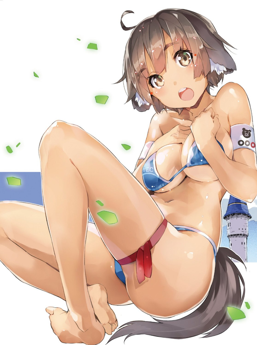 ahoge animal_ears armband bare_shoulders barefoot bikini blue_bikini breasts brown_eyes brown_hair cleavage collarbone elbia_hernaiman feet hands_on_own_chest highres large_breasts legs looking_at_viewer navel open_mouth outbreak_company short_hair sitting solo swimsuit tail tower underboob yuugen