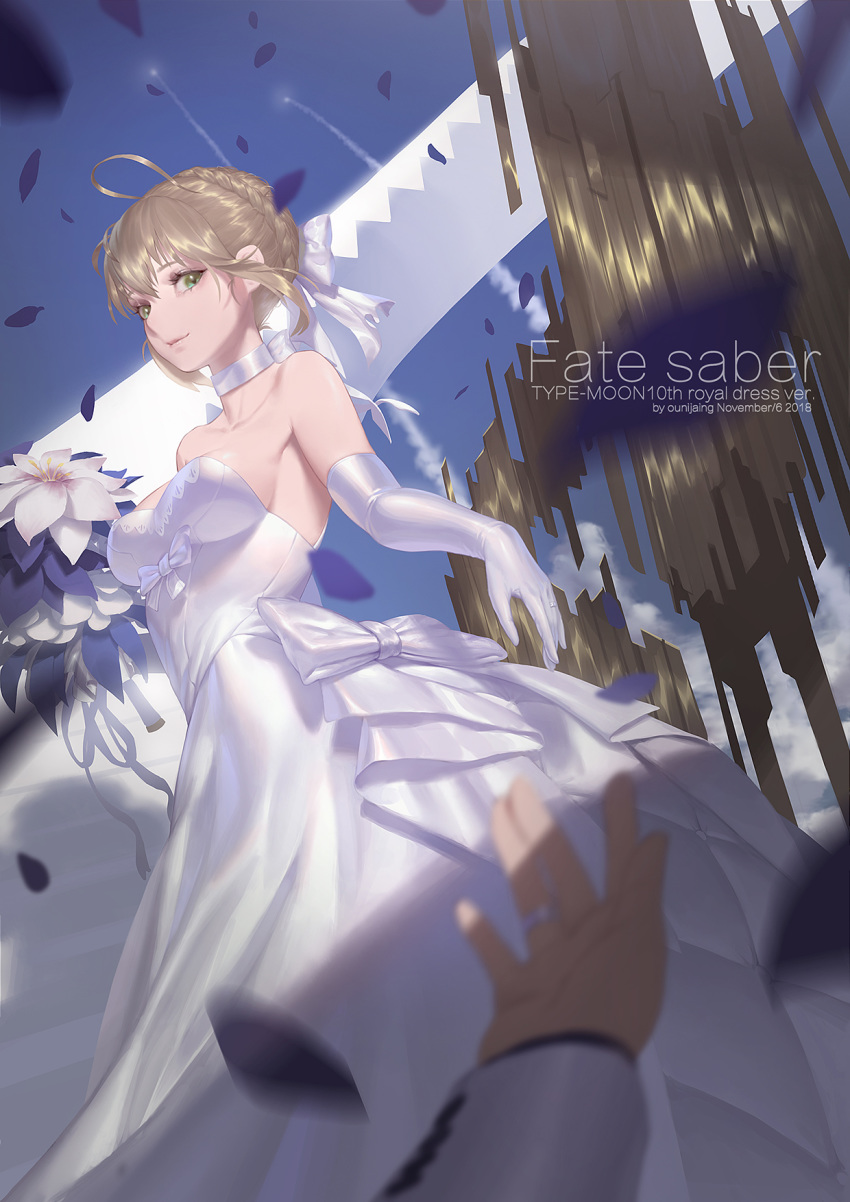 1girl ahoge artoria_pendragon_(all) bangs blonde_hair bouquet breasts bride character_name choker cleavage commentary_request dress elbow_gloves fate/grand_order fate/stay_night fate_(series) flower from_below gloves green_eyes hair_between_eyes hair_ribbon hands highres holding jewelry medium_breasts ounijang petals ribbon ring saber short_hair solo_focus standing strapless strapless_dress wedding_band wedding_dress white_dress white_gloves