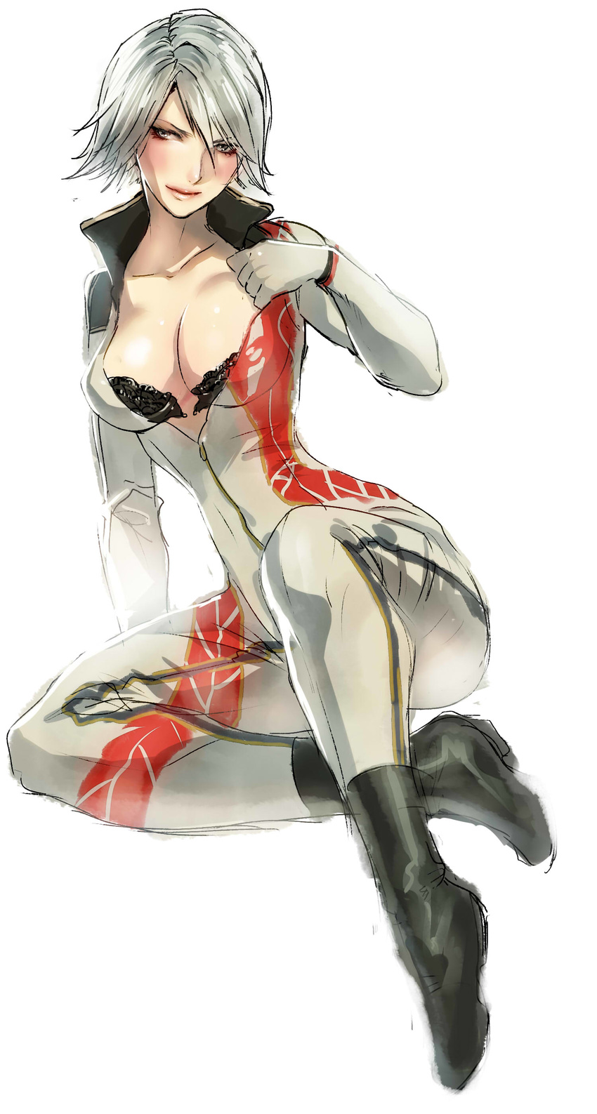 absurdres black_bra blush bodysuit bra breasts christie_(doa) cleavage dead_or_alive dead_or_alive_5 gloves highres jumpsuit katou_teppei large_breasts lips makeup short_hair sitting solo underwear white_bodysuit white_hair