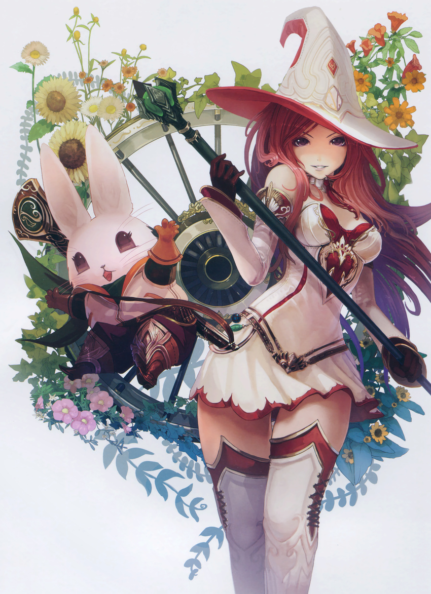 absurdres bare_shoulders black_gloves breasts bunny character_request daisy detached_sleeves dress flower gloves greaves grey_background hat highres holding holding_weapon huge_filesize lips long_hair looking_at_viewer medium_breasts midair open_mouth plant purple_eyes red_eyes red_gloves red_hair scan simple_background source_request staff standing sword_world tachikawa_mushimaro teeth thigh_gap thighhighs weapon wheel white_dress white_hair white_hat white_legwear witch_hat zettai_ryouiki