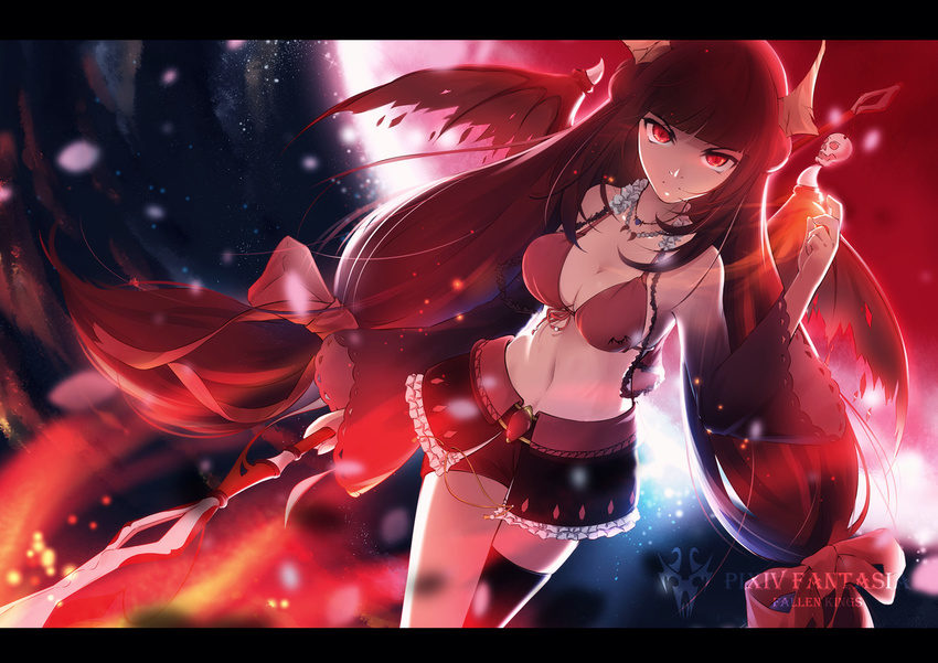 bikini_top black_hair breasts cleavage dragon_wings fire frills front-tie_top hime_cut jewelry lancefate long_hair medium_breasts necklace pixiv_fantasia pixiv_fantasia_fallen_kings polearm red_eyes serious single_thighhigh skull slit_pupils solo spear thighhighs very_long_hair watermark weapon wings