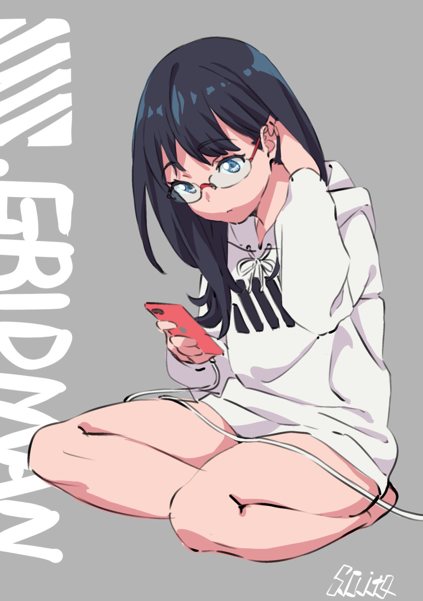 1girl bare_legs barefoot bespectacled black_hair blue_eyes cellphone eyebrows_visible_through_hair full_body glasses grey_background hair_tucking highres hood hoodie kengo long_hair phone red-framed_eyewear simple_background sitting smartphone solo ssss.gridman takarada_rikka yokozuwari