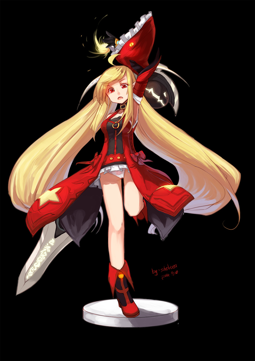 2014 arm_up bad_id bad_pixiv_id bare_legs battle_mage_(dungeon_and_fighter) black_background blonde_hair coat dated detached_sleeves dungeon_and_fighter front-print_panties full_body gloves highres long_hair mage_(dungeon_and_fighter) magic miniskirt open_mouth panties pantyshot pantyshot_(standing) print_panties red_eyes red_sleeves sheltea shoes signature skirt solo standing standing_on_one_leg sword twintails underwear very_long_hair weapon white_panties white_skirt