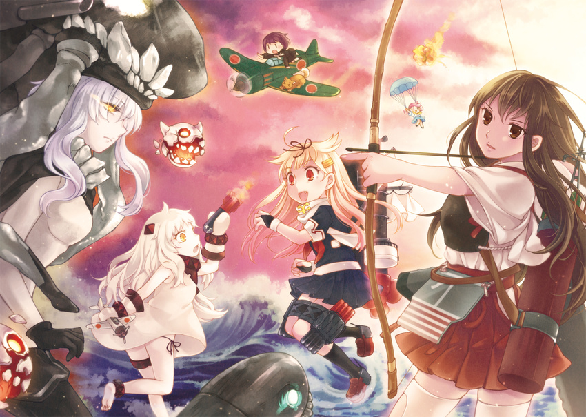 aircraft airplane akagi_(kantai_collection) anklet arrow barefoot blonde_hair bow_(weapon) brown_eyes brown_hair drawing_bow dress enemy_aircraft_(kantai_collection) fairy_(kantai_collection) fuuka_(fukasheu) gloves glowing glowing_eye i-class_destroyer jewelry kantai_collection machinery mittens multiple_girls muneate neckerchief northern_ocean_hime parachute pointing pointing_forward propeller quiver red_eyes remodel_(kantai_collection) reppuu_(kantai_collection) sail scarf shinkaisei-kan silver_hair standing standing_on_liquid standing_on_one_leg torpedo waves weapon white_dress white_hair wo-class_aircraft_carrier yellow_eyes yuudachi_(kantai_collection) zuiun_(kantai_collection)