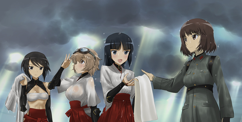 anabuki_tomoko black_eyes black_hair blue_eyes breasts brown_eyes brown_hair cleavage cloud cloudy_sky commentary elbow_gloves fingerless_gloves gloves goggles goggles_on_head japanese_clothes kaneko_(novram58) katou_keiko katou_takeko kuroe_ayaka large_breasts light_rays long_hair looking_at_another medium_breasts midriff military military_uniform multiple_girls sarashi see-through short_hair sky smile towel uniform wet wet_clothes wet_hair world_witches_series