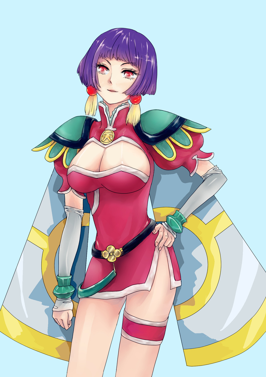 angel_links armor bangs belt blue_background blunt_bangs bob_cut bracer breasts cape chinese_clothes cleavage cleavage_cutout clenched_hand cowboy_shot detached_sleeves dress earrings eyelashes hand_on_hip highres jewelry lace large_breasts li_meifon looking_at_viewer loose_belt pauldrons pink_dress puffy_sleeves purple_hair red_eyes short_dress short_hair short_sleeves side_slit sideboob simple_background smile solo standing thigh_strap turtleneck