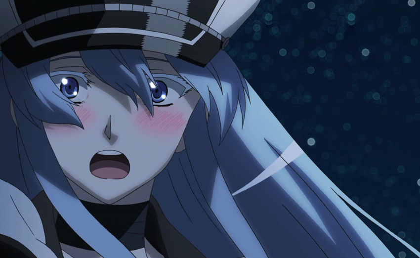1girl akame_ga_kill! blue_eyes blue_hair esdeath esdese highres long_hair open_mouth solo stitched surprised