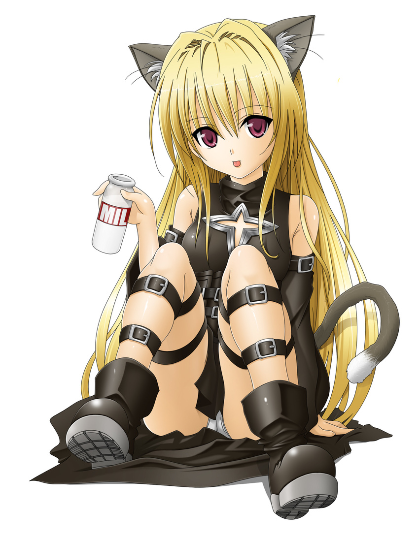 :p absurdres animal_ears blonde_hair boots cat_ears duplicate highres konjiki_no_yami long_hair milk panties pantyshot pantyshot_(sitting) red_eyes sitting skirt solo tail thigh_strap to_love-ru tongue tongue_out toshi_(anime_coloring) underwear upskirt white_panties