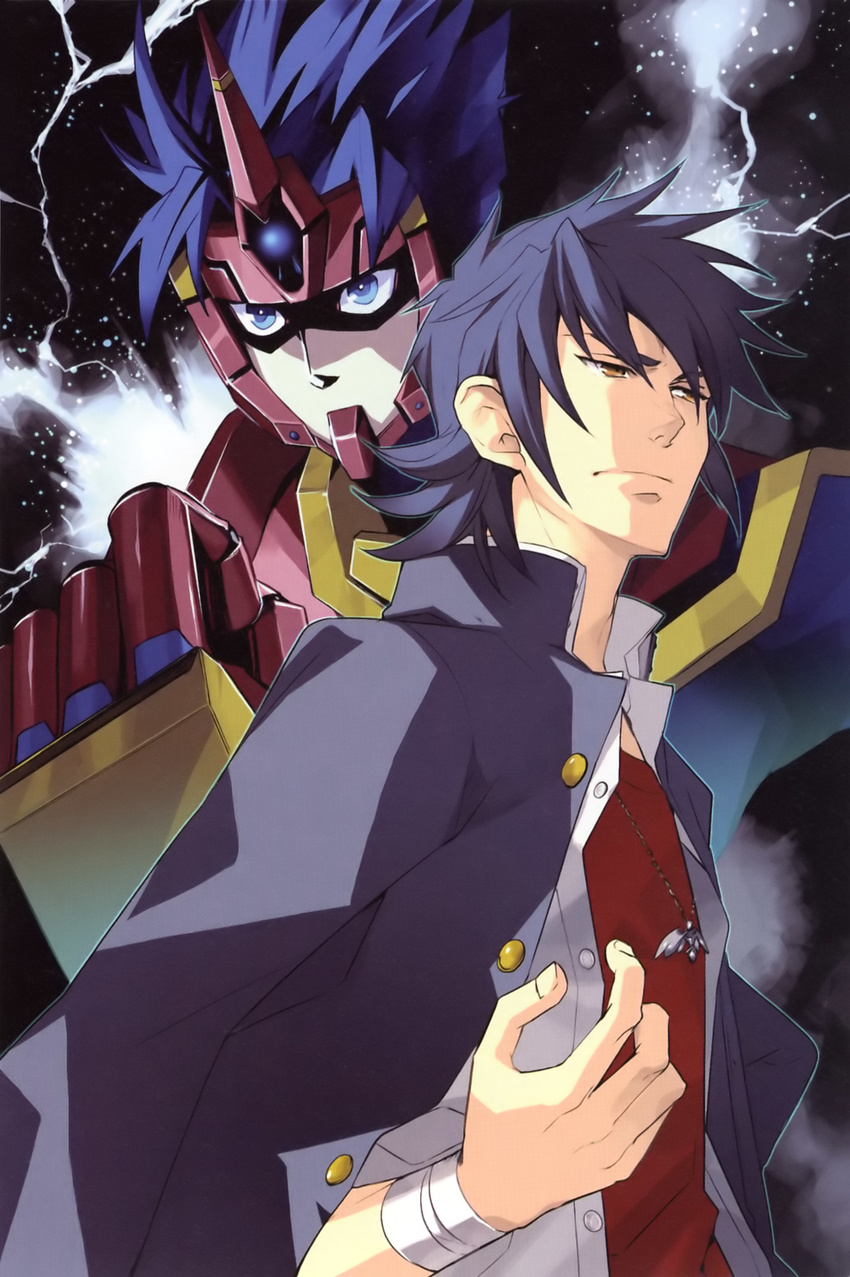 absurdres blue_eyes blue_hair clenched_hand fighter_roar gakuran highres kouta_azuma lightning male_focus multiple_persona school_uniform space super_robot_wars super_robot_wars_original_generation_gaiden yellow_eyes yuikawa_kazuno