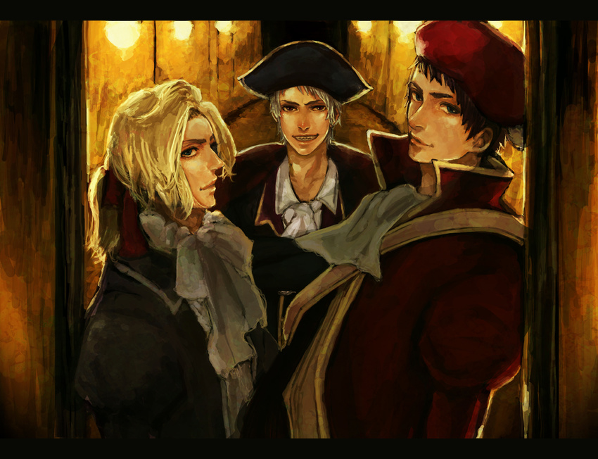 arashiyama_aya axis_powers_hetalia bad_friends_trio_(hetalia) blonde_hair blue_eyes brown_hair france_(hetalia) grin hat male_focus multiple_boys pirate prussia_(hetalia) smile spain_(hetalia) uniform