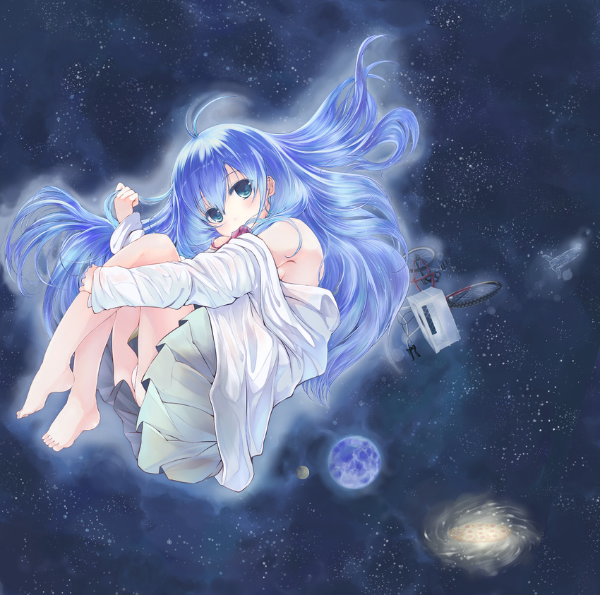 antenna_hair bad_id bad_pixiv_id bare_legs bare_shoulders barefoot bicycle bicycle_basket blouse blue_eyes blue_hair denpa_onna_to_seishun_otoko feet fetal_position floating_hair food full_body galaxy ground_vehicle highres leg_hug long_hair long_sleeves looking_at_viewer mouth_hold off_shoulder panties pantyshot pizza planet plantar_flexion pleated_skirt ribbon skirt solo space space_craft star_(sky) touwa_erio tsuzuri_(itosousou) underwear undressing upskirt very_long_hair white_blouse white_panties zero_gravity