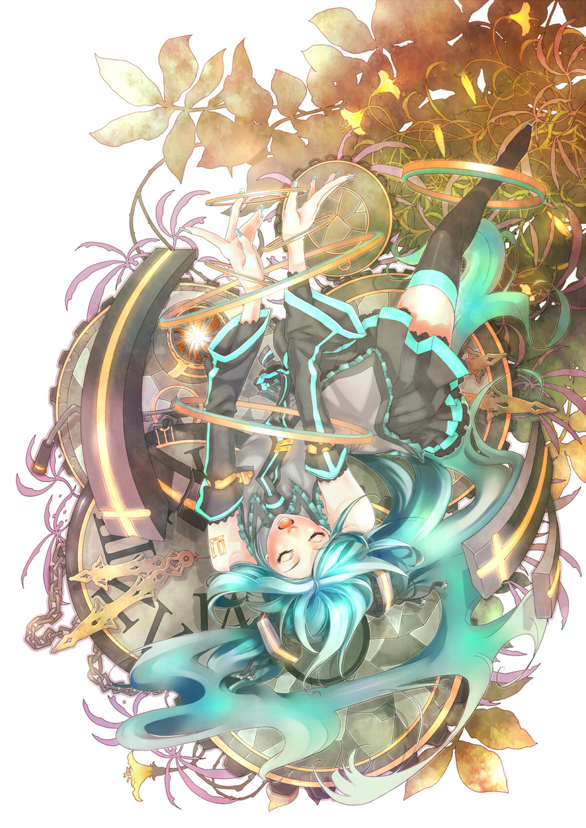 analog_clock aqua_hair aqua_nails clock closed_eyes detached_sleeves flower hatsune_miku highres long_hair nail_polish necktie open_mouth plastick roman_numerals simple_background skirt solo thighhighs twintails upside-down very_long_hair vocaloid white_background zettai_ryouiki