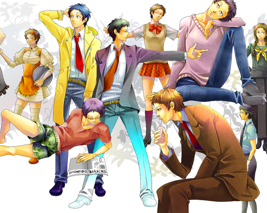 adachi_tooru cabbage crossdressing finger_gun male_focus necktie persona persona_4 pointing police police_uniform school_uniform uniform waitress yoshii_kyoko