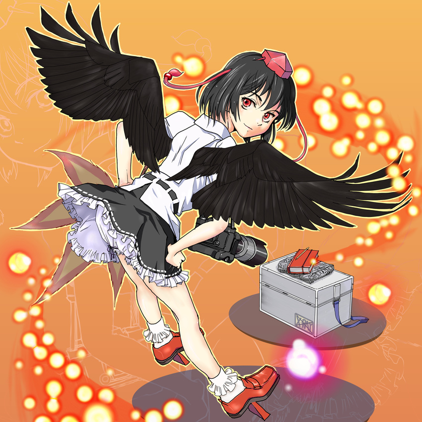 amon_(mulciber) bad_id bad_pixiv_id bent_over black_hair black_wings bloomers book camera fan geta hat hauchiwa highres looking_at_viewer looking_back red_eyes shameimaru_aya short_hair smile solo tengu-geta tokin_hat touhou underwear wings