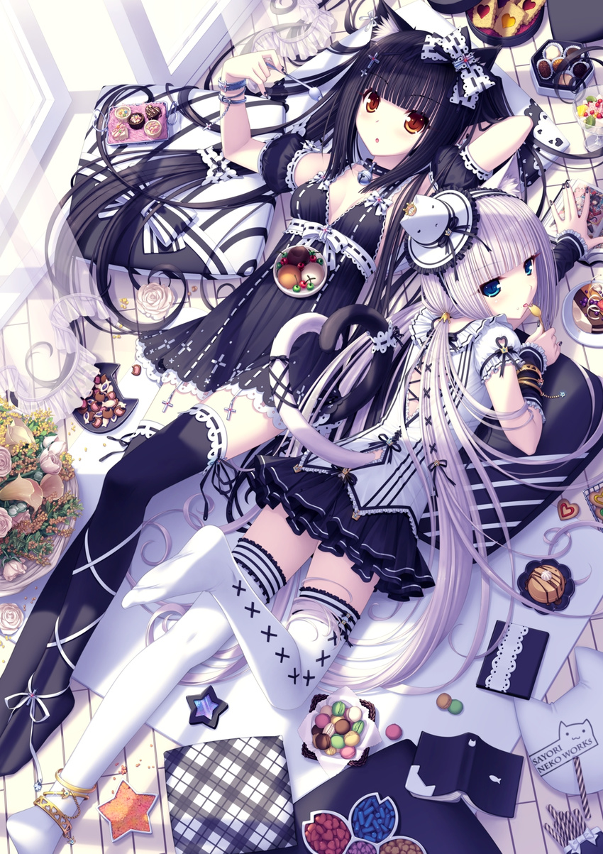 animal_ears anklet bell bell_collar black_hair black_nails blue_eyes book bow bracelet breasts brown_eyes candy cat_ears cat_tail chocola_(sayori) collar dessert food gothic_lolita hair_bow hat highres jewelry lolita_fashion long_hair macaron mini_hat mini_top_hat multiple_girls nail_art nail_polish nekopara pastry sayori small_breasts spoon star tail thighhighs top_hat vanilla_(sayori) very_long_hair