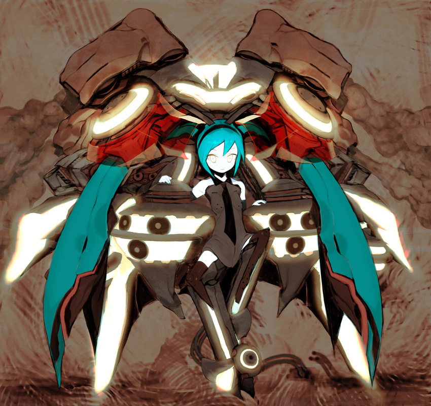 android aqua_hair asgr bad_id bad_pixiv_id glowing glowing_eyes hatsune_miku highres long_hair mecha necktie smile solo thighhighs twintails very_long_hair vocaloid white_eyes