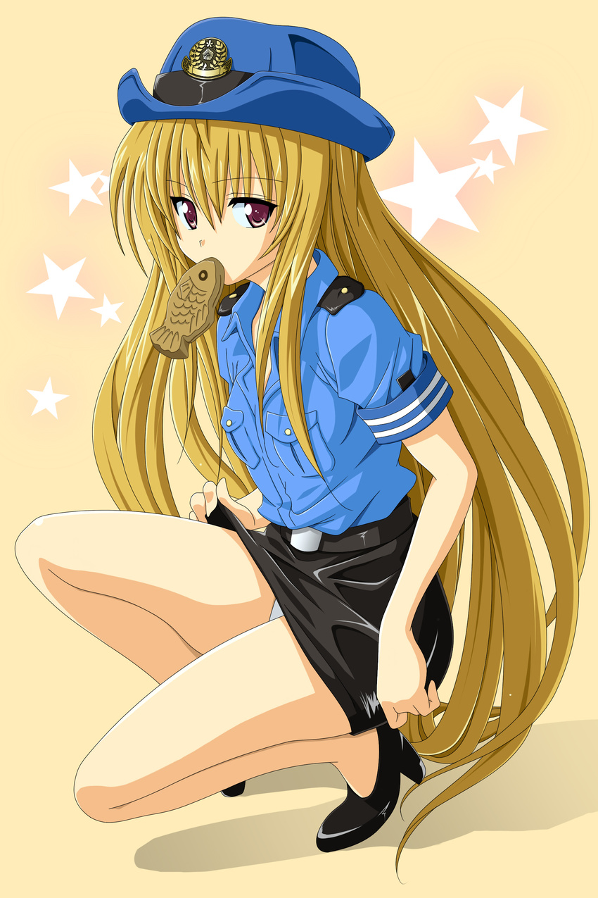 absurdres blonde_hair food hat high_heels highres konjiki_no_yami long_hair miniskirt mouth_hold panties pantyshot pencil_skirt police police_uniform red_eyes shoes skirt solo taiyaki to_love-ru toshi_(anime_coloring) underwear uniform wagashi white_panties