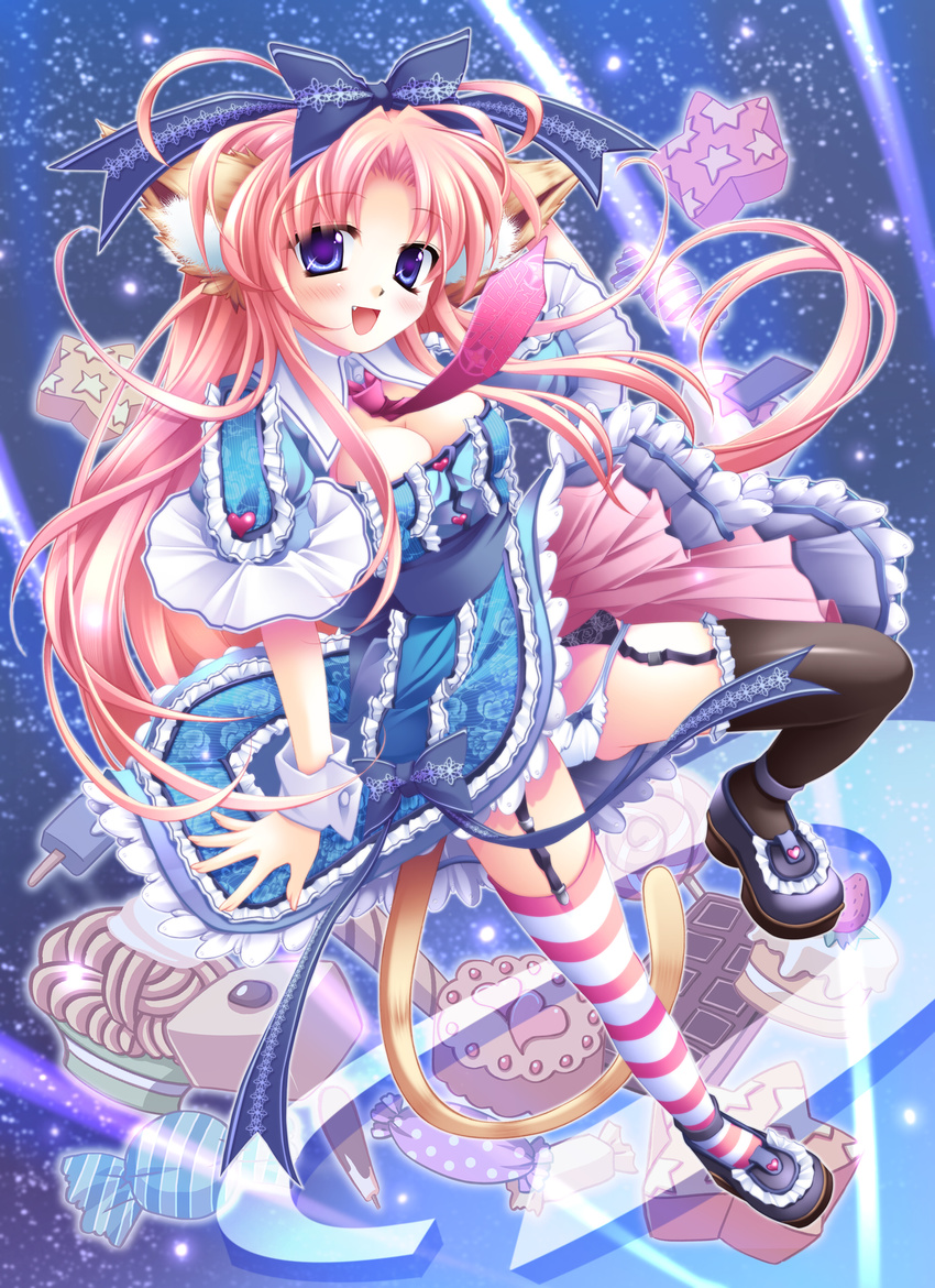 absurdres animal_ears blue_eyes bow breasts candy cat_ears cat_tail chocolate chocolate_bar cleavage evemoina food hair_bow highres lolita_fashion long_hair medium_breasts necktie original panties pink_hair popsicle solo star striped striped_legwear sweet_lolita tail thighhighs underwear wafer_stick wrist_cuffs