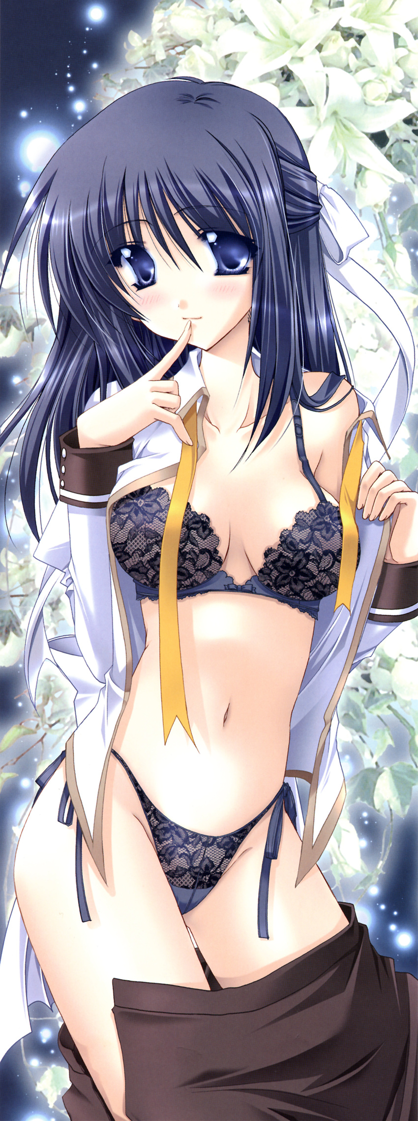 absurdres blue_eyes blue_hair blush bra breasts cleavage collarbone finger_to_mouth flower hair_ribbon half_updo highres lace lace_bra lace_panties lingerie medium_breasts navel open_clothes open_shirt open_skirt panties ribbon ryuuga_shou school_uniform shirt side-tie_panties skirt skirt_pull solo tsukushite_ageru_no! underwear undressing wakamiya_hazuki white_ribbon