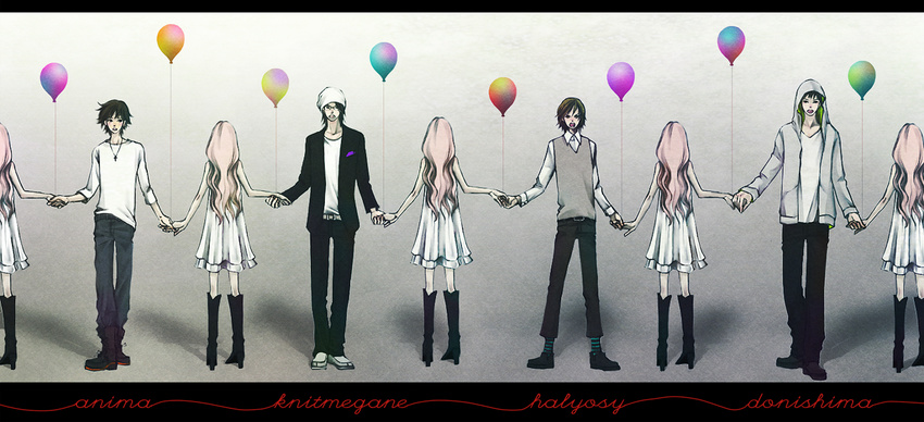 4boys bad_id bad_pixiv_id black_hair boots brown_hair casual character_name clone crossover cursive dress halyosy holding_hands hood hooded_jacket jacket just_be_friends_(vocaloid) long_hair megurine_luka multiple_boys niconico nitmegane pink_hair short_hair so-da vocaloid white_dress