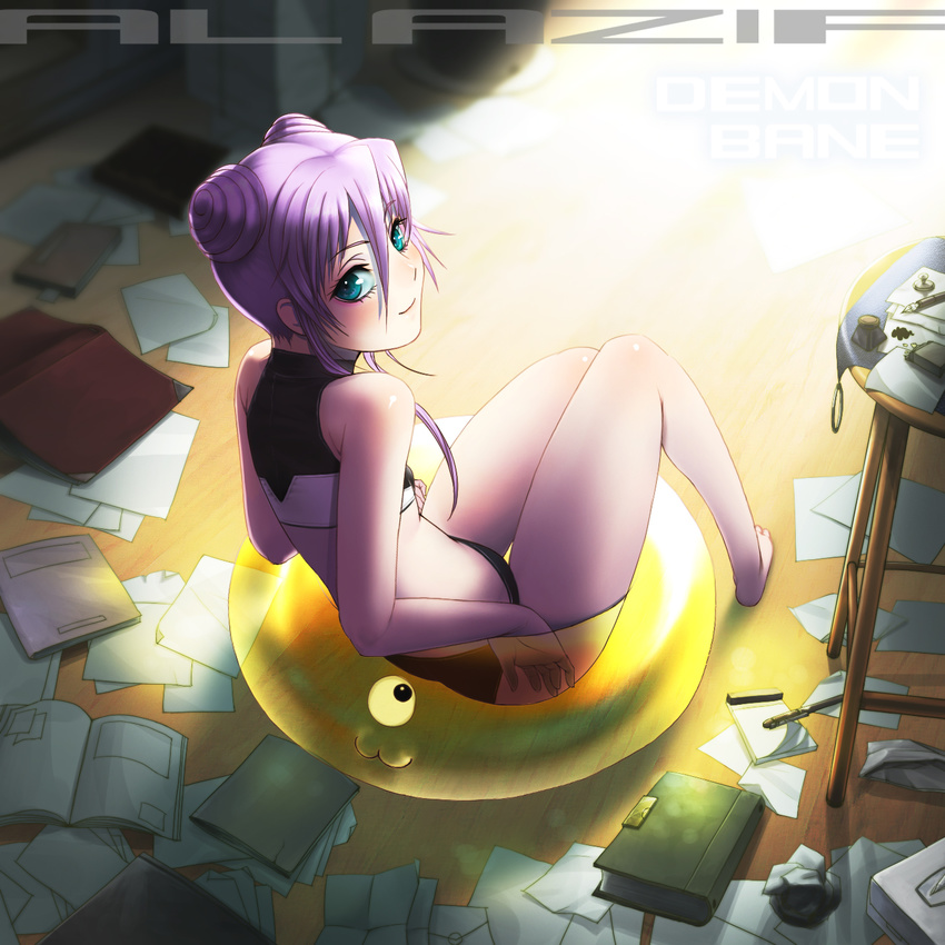 al_azif bad_id bad_pixiv_id bikini blue_eyes blush book demonbane double_bun dunsany hair_up highres innertube legs looking_back paper purple_hair smile solo swimsuit take9999