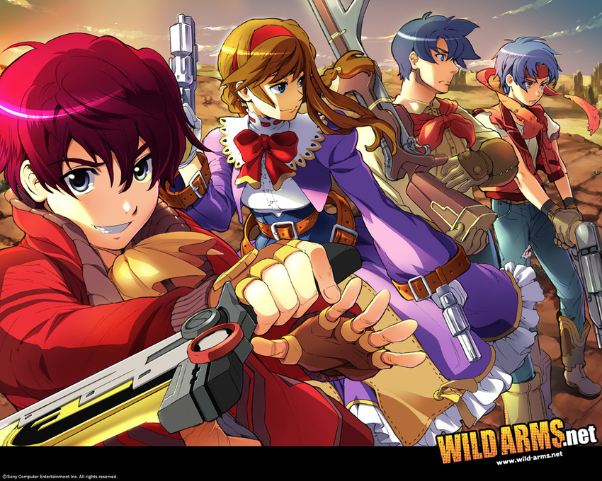 3boys artist_request ashley_winchester breasts canyon dress gun gunblade hairband handgun jude_maverick medium_breasts multiple_boys official_art purple_dress red_hairband red_vest revolver rody_roughnight torn_clothes vest virginia_maxwell weapon wild_arms wild_arms_1 wild_arms_2 wild_arms_3 wild_arms_4