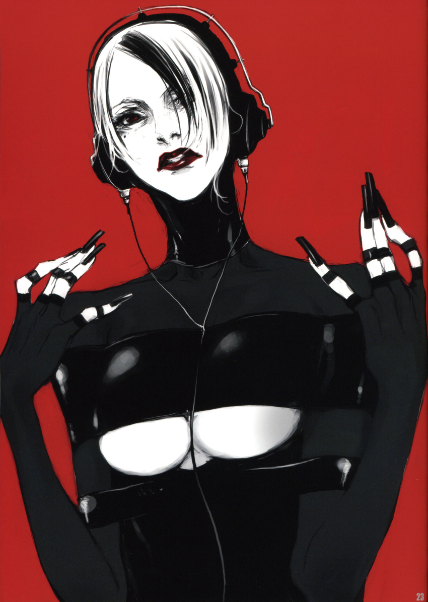 absurdres breasts copyright_request fingernails hands headphones highres large_breasts lipstick long_fingernails makeup miwa_shirou mole mole_under_eye monochrome multicolored_hair simple_background solo two-tone_hair