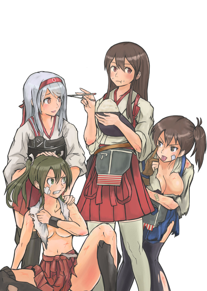 51_(akiduki) akagi_(kantai_collection) akanbe bandage_on_face bare_shoulders black_eye black_legwear blue_skirt bowl breast_hold breasts brown_eyes brown_gloves brown_hair bruise capcom_vs_snk_2 chopsticks covering covering_breasts crossed_bandaids eating food food_on_face gloves grey_background grey_eyes grey_hair hair_ribbon hakama hand_on_another's_head hand_on_another's_shoulder headband highres injury japanese_clothes kaga_(kantai_collection) kantai_collection large_breasts long_hair md5_mismatch medium_breasts multiple_girls muneate parody partly_fingerless_gloves pleated_skirt red_hakama red_skirt ribbon rice rice_bowl rice_on_face rivalry short_hair shoukaku_(kantai_collection) side_ponytail silver_hair single_glove skirt tears thighhighs tongue tongue_out torn_clothes torn_legwear torn_skirt transparent_background white_legwear white_ribbon yugake zuikaku_(kantai_collection)