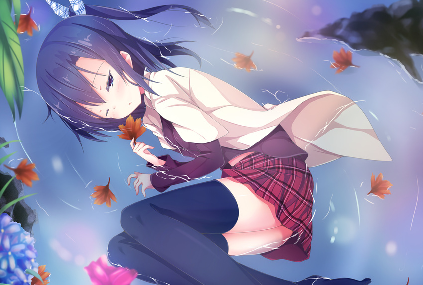 absurdres afloat autumn_leaves black_legwear blush erimu flower from_side highres holding holding_leaf leaf long_sleeves lying midriff_peek on_side one_eye_closed one_side_up original parted_lips partially_submerged plaid plaid_skirt purple_hair ripples skirt solo thighhighs water