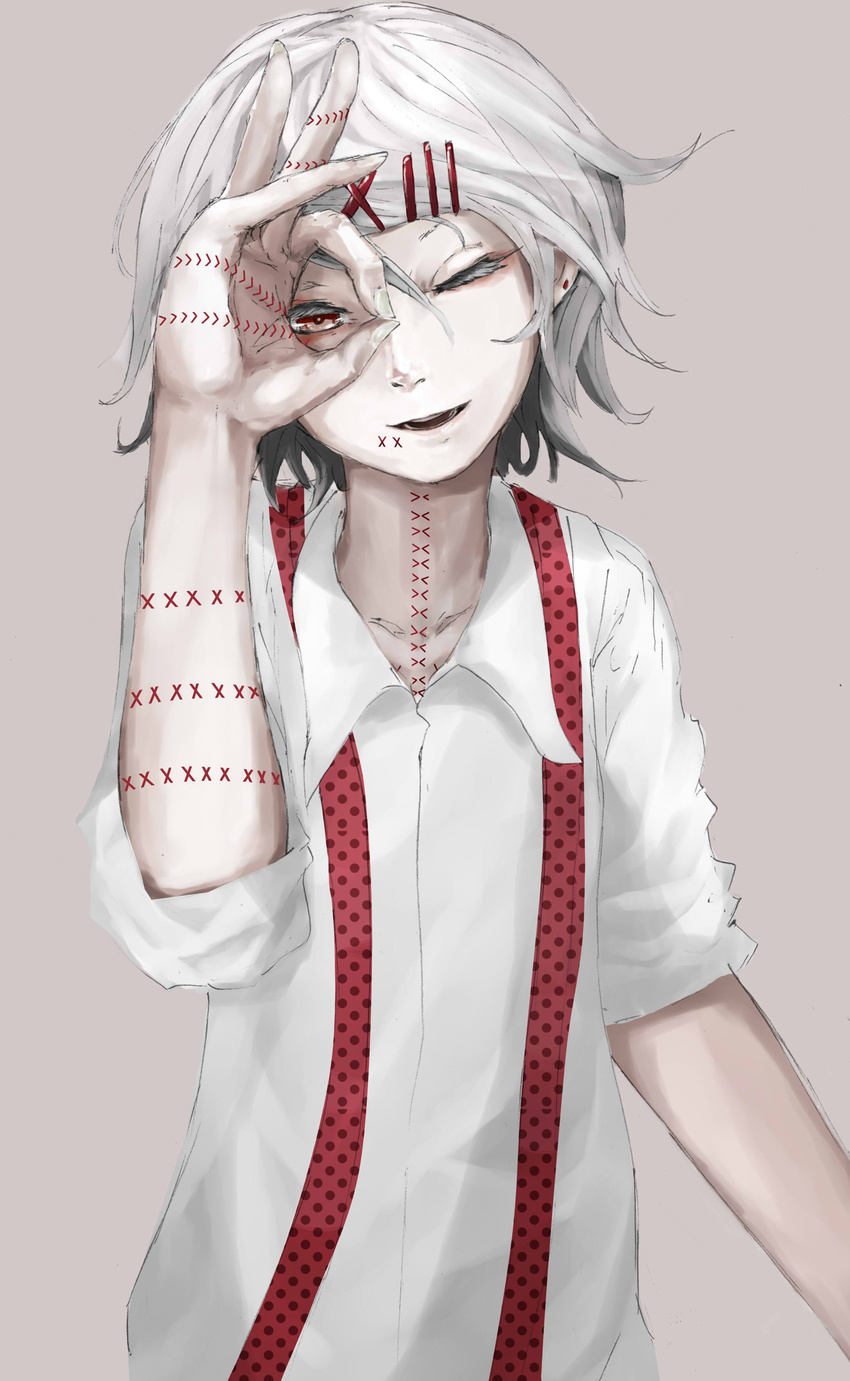 absurdres androgynous bad_id bad_pixiv_id blacktomato14 hair_ornament hairclip highres loose_clothes loose_shirt male_focus necktie one_eye_closed peeking red_eyes shirt smile solo stitches suzuya_juuzou tokyo_ghoul white_hair