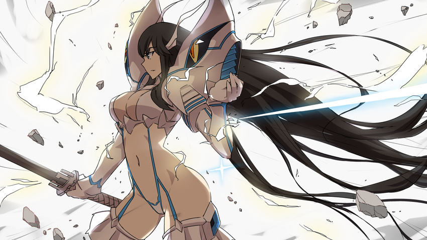 armor black_hair blue_eyes breasts cleavage cleavage_cutout cropped debris gloves highres holding junketsu katana kill_la_kill kiryuuin_satsuki large_breasts long_hair md5_mismatch midriff mushiboy navel revealing_clothes solo sparkle spikes suspenders sword thighhighs very_long_hair wallpaper weapon