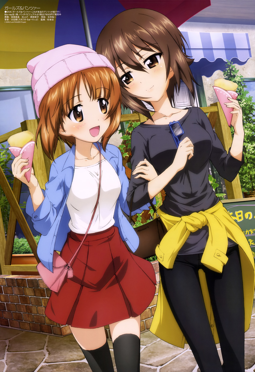 :d absurdres beanie brown_eyes brown_hair casual clothes_around_waist crepe food girls_und_panzer glasses hat highres jacket_around_waist megami multiple_girls nishizumi_maho nishizumi_miho non-web_source official_art open_mouth short_hair siblings sisters smile thighhighs yoshida_nobuyoshi