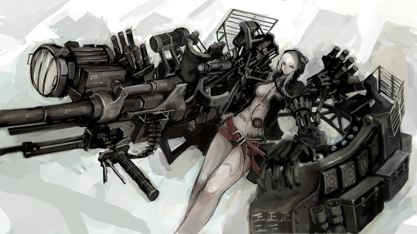 cannon chain_gun grey_eyes highres jacket jittsu long_hair naked_coat original searchlight solo stitches white_hair