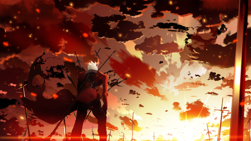 archer fate/stay_night fate_(series) field_of_blades from_behind highres impaled male_focus planted_sword planted_weapon skyt2 solo sword unlimited_blade_works weapon white_hair