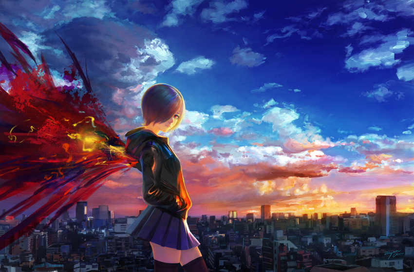 blue_hair building city cityscape cloud cowboy_shot hair_over_one_eye hands_in_pockets highres kagune_(tokyo_ghoul) kirishima_touka looking_at_viewer red_eyes scenery short_hair skirt sky solo sunset thighhighs tokyo_ghoul twintails wayne_chan wings zettai_ryouiki