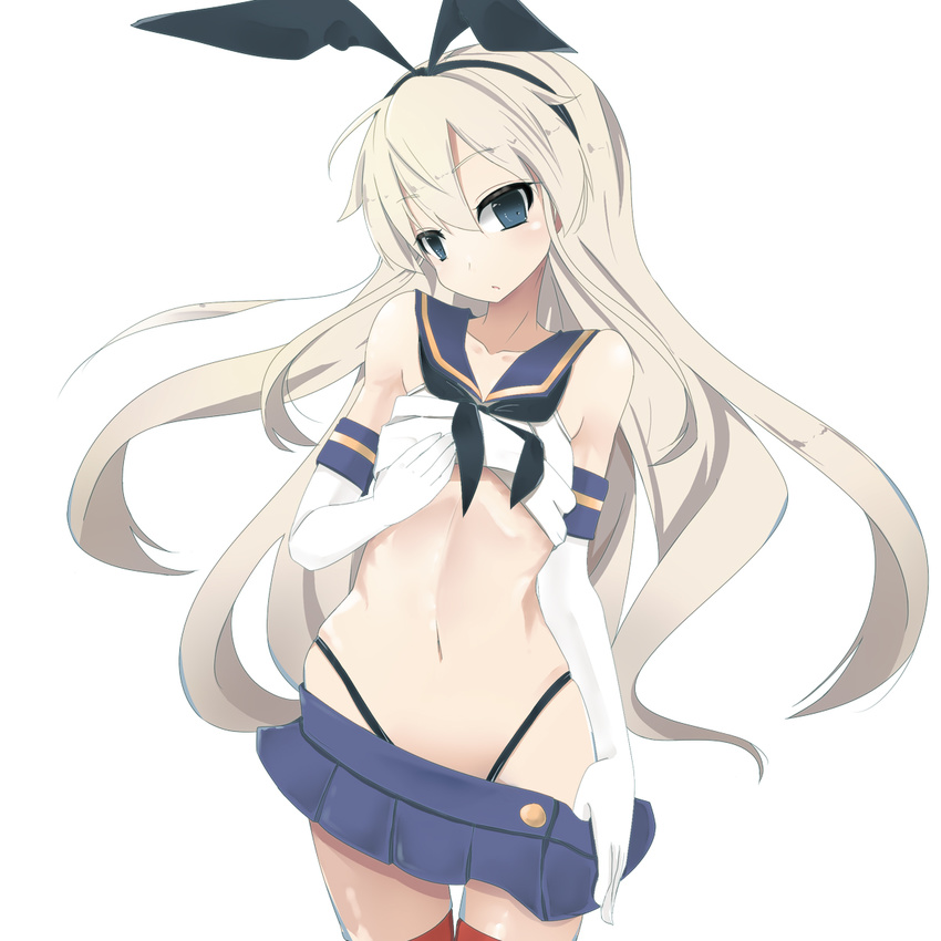 black_panties blonde_hair blue_eyes cowboy_shot elbow_gloves gloves hairband highleg highleg_panties highres kantai_collection long_hair looking_at_viewer microskirt navel panties pon_(shind_997) school_uniform serafuku shimakaze_(kantai_collection) shirt_lift skirt skirt_pull solo thighhighs underwear very_long_hair white_background