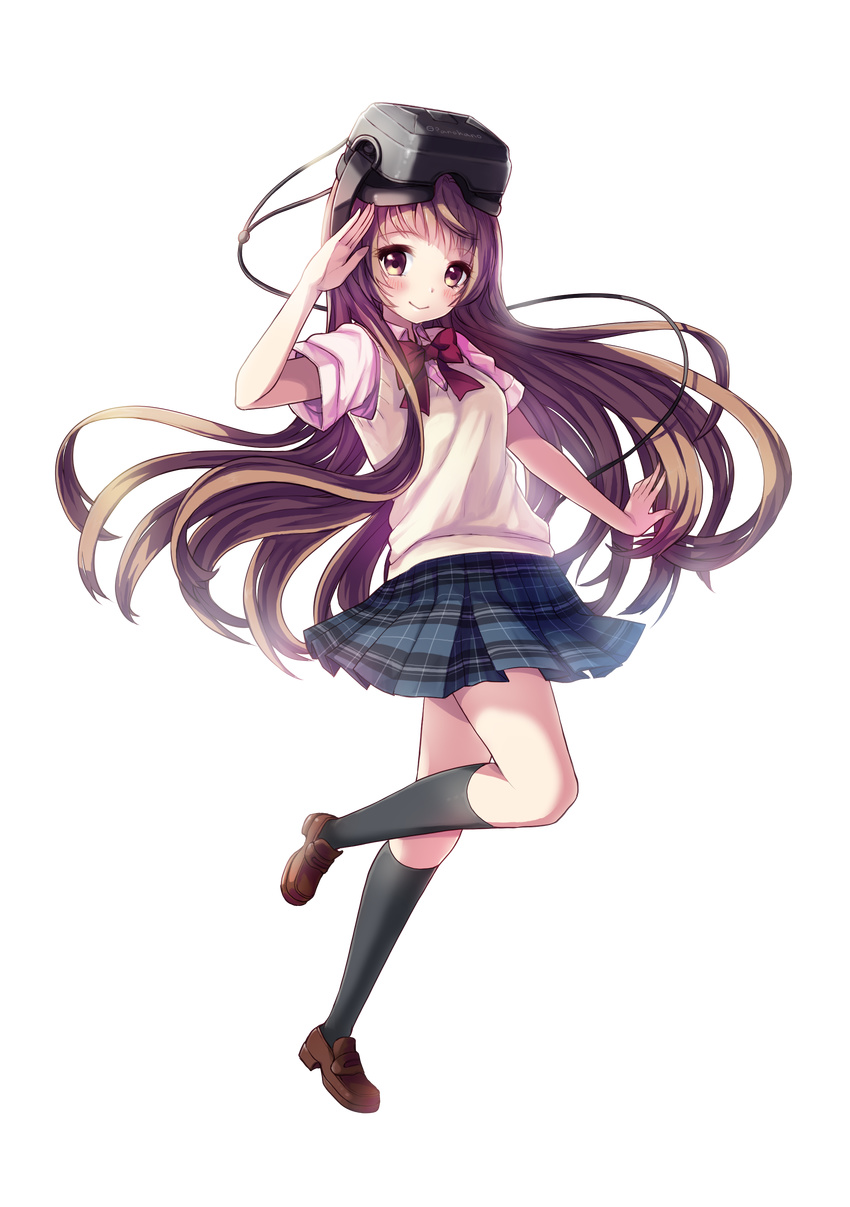 absurdres black_legwear blush bow brown_eyes full_body head_mounted_display highres juke kneehighs leg_up loafers long_hair looking_at_viewer oculus_rift original plaid plaid_skirt salute school_uniform shoes skirt smile solo sweater_vest transparent_background very_long_hair